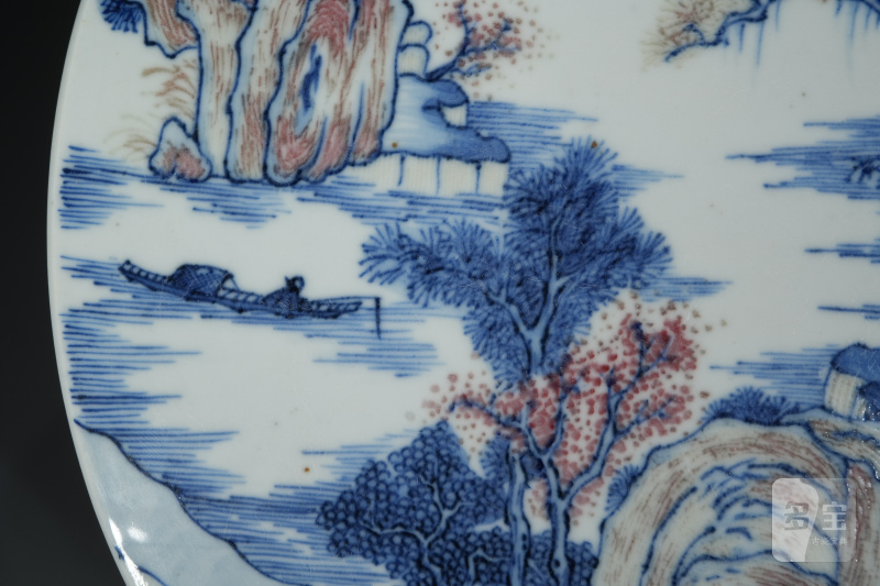 清 青花釉里红山水瓷板 - 图5